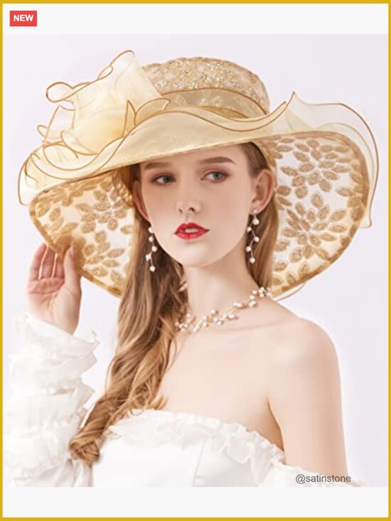 Women\'s Organza Derby Hat Wide Brim Fascinator Church Wedding Tea Party Sun Hat